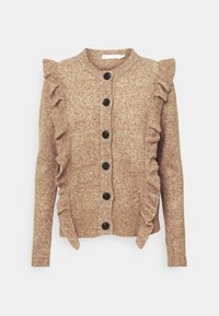 Cardigan beige tricoté avec des bords à volants, six boutons noirs à l'avant et un col rond. Texture douce avec un motif subtil.