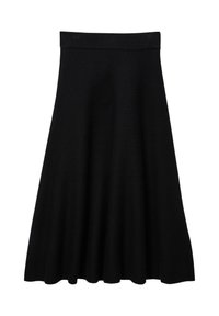 Jupe évasée noire en tissu doux, avec une taille lisse, de longueur genoux et une silhouette classique. Pas de motifs ni d'accents.