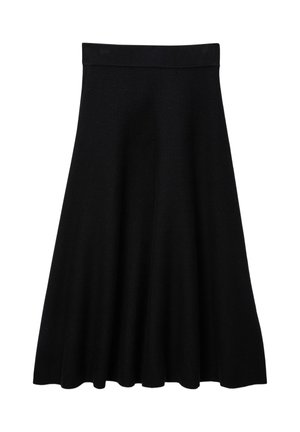 Jupe évasée noire en tissu doux, avec une taille lisse, de longueur genoux et une silhouette classique. Pas de motifs ni d'accents.