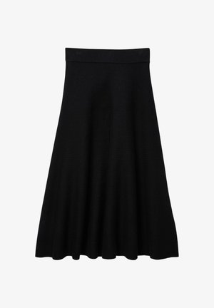 Jupe évasée noire en tissu doux, avec une taille lisse, de longueur genoux et une silhouette classique. Pas de motifs ni d'accents.
