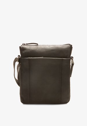 Leather crossbody bag in dark gray with a smooth texture, zippered closure, and an adjustable strap, featuring a front pocket for easy access.