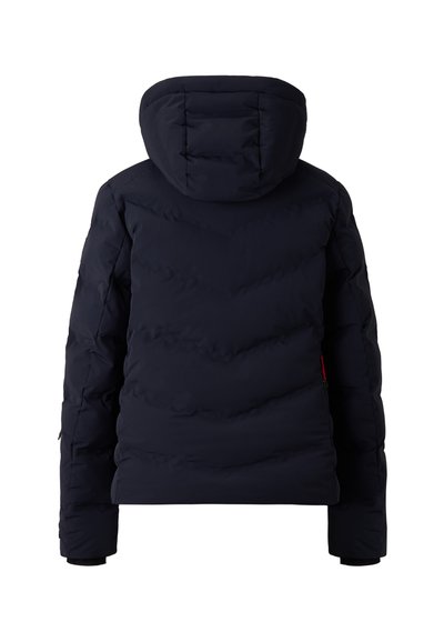 Dunkelblauer Steppjacke mit Kapuze, horizontalen Chevron-Nähten und elastischen Bündchen. Glatte Textur mit minimalen Hardwaredetails.