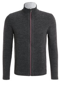 Charcoal gray zip-up sweater with a ribbed collar, featuring a contrasting red zipper and smooth texture, structured fit, and long sleeves.