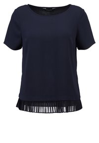 Navy blue short-sleeve top with a round neckline and a pleated sheer bottom hem. Soft fabric with a smooth texture, relaxed fit.