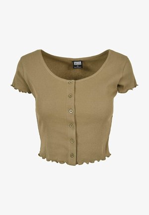 Khaki színű bordázott crop top rövid ujjakkal, kerek nyakkivágással és öt gombos elülső részével. A szegélye fodros, anyaga puha tapintású. Urban Classics márkájú.