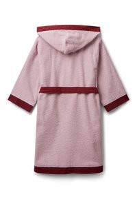 Różowa szlafrok z kapturem wykonany z miękkiej tkaniny frotte, z ciemnoczerwonymi akcentami na mankietach, w pasie i na kapturze z logo "United Colors of Benetton".