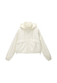 Gekürzte weiße Kapuzenjacke mit elastischen Bündchen, zwei Fronttaschen und einem Reißverschluss. Glatte Textur und leichtes Gewebe.