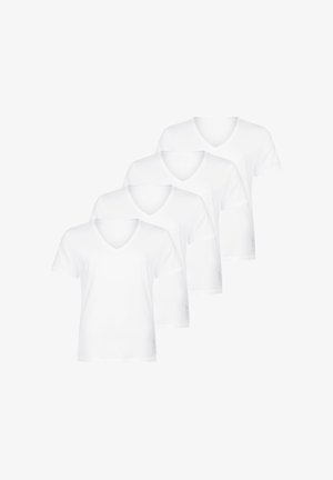 Vier schlichte weiße kurzärmelige V-Neck T-Shirts, gestaffelt zu einem Stapel auf weißem Hintergrund angeordnet.