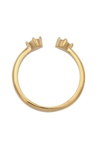 Goldring mit glatter, polierter Oberfläche; verfügt an jedem Ende über zwei erhabene, kroneartige Akzente. Minimalistisches Design, kreisförmige Gestalt.