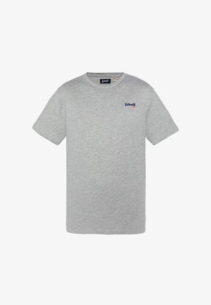 Grå bomulds t-shirt med korte ærmer og rund halsudskæring. Har et lille blåt og rødt "Schott" logo på venstre brystområde.