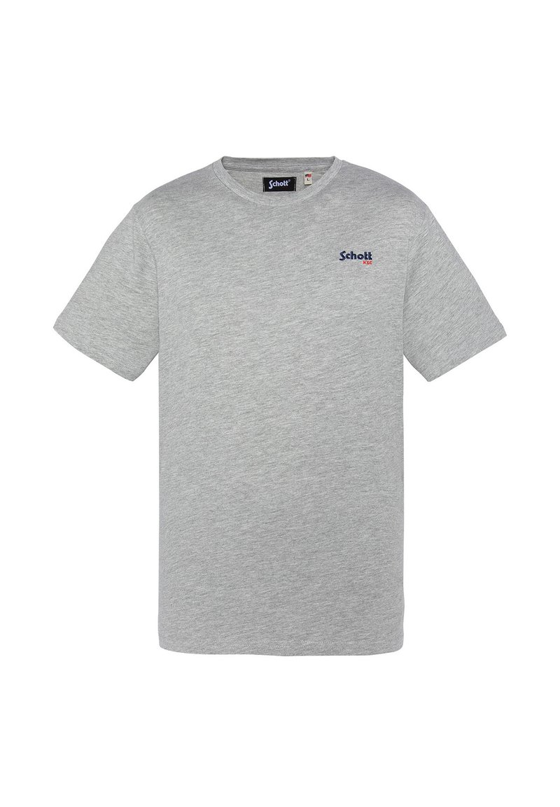 Camiseta de algodón gris con mangas cortas y cuello redondo. Presenta un pequeño logo "Schott" en azul y rojo en el área del pecho izquierdo.