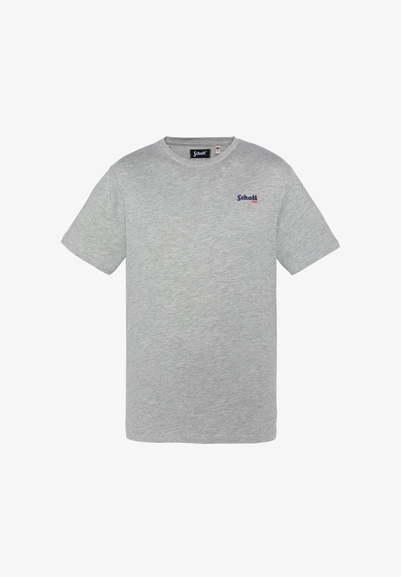Camiseta de algodón gris con mangas cortas y cuello redondo. Presenta un pequeño logo "Schott" en azul y rojo en el área del pecho izquierdo.