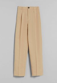 Beige Hose mit geradem Bein, aus leichtem Stoff gefertigt. Sie verfügt über vordere Falten und einen einzelnen Knopfverschluss an der Taille.