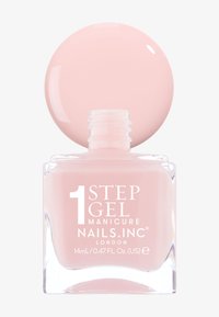 14 ml glasnagellackflaska med ett runt rosa lock. Innehåller en ljusrosa gelformel. Har vittryckta varumärkes- och produktinformation.