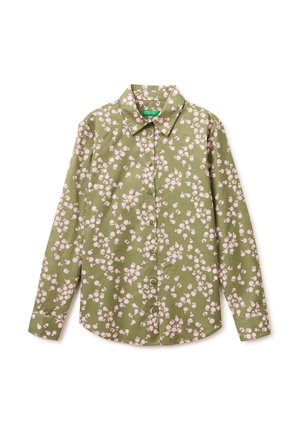 Oliwkowa koszula z długim rękawem zapinana na guziki, z małym jasnoróżowym kwiatowym wzorem i spiczastym kołnierzykiem.