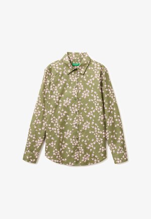 Langärmliges, olivgrünes Hemd zum Knöpfen mit kleinem hellrosa Blumenmuster und spitzem Kragen.