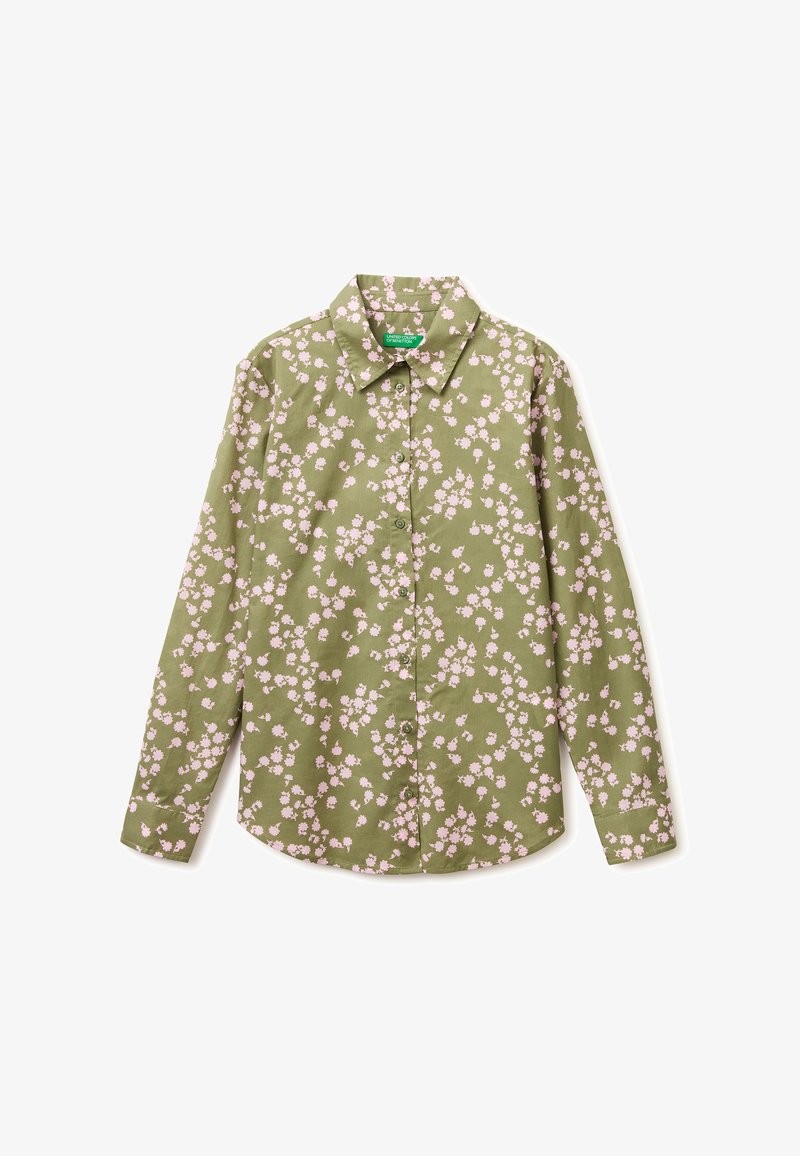 Chemise vert olive à manches longues, boutonnée, avec un petit motif floral rose clair et un col pointu.