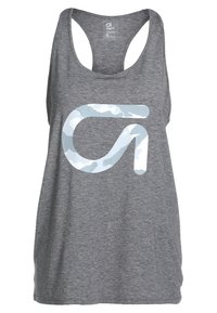 Débardeur de sport gris sans manches avec dos nageur et grand logo camouflage stylisé en bleu clair et blanc sur le devant.