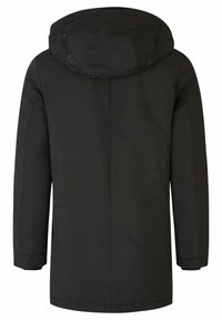Zwarte capuchonjack met een gladde, matte textuur. Heeft een recht gesneden model, lange mouwen en een minimalistisch ontwerp. Achteraanzicht weergegeven.