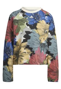 Sweatshirt à motif floral avec des fleurs bleues, jaunes, rouges et vertes sur un fond gris. Col blanc côtelé et manches longues.