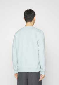 Ljusblå sweatshirt med ribbad halsringning och muddar, med en slät textur och minimalistisk design. Bakvy visar en avslappnad passform.