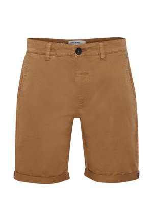 Braune Baumwollshorts mit Knopfverschluss, flachem Bund, umgeschlagenen Säumen und subtilen Nähdetails. Klassisches Design, geeignet für legere Kleidung.