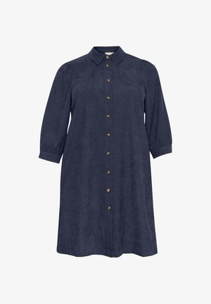 Jūrinio stiliaus mygtukų suknelė iš minkštos medžiagos, turinti apykaklę, trijų ketvirčių rankoves ir auksinių atspalvių mygtukus priekyje.