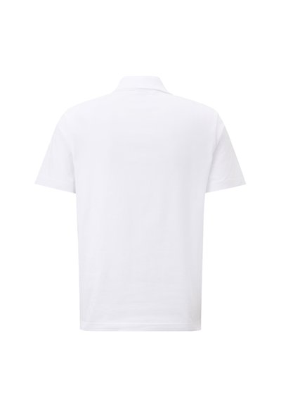 White short-sleeved polo shirt, featuring a classic collar and smooth cotton texture, with a plain back and no visible patterns or accents.