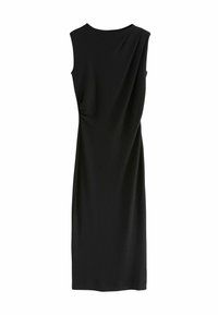 Schwarzes ärmelloses Kleid mit rundem Ausschnitt, Drapierungen an der Schulter und an der Seite, aus glattem, elastischem Stoff; knielanges Design.
