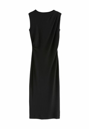 Schwarzes ärmelloses Kleid mit rundem Ausschnitt, Drapierungen an der Schulter und an der Seite, aus glattem, elastischem Stoff; knielanges Design.