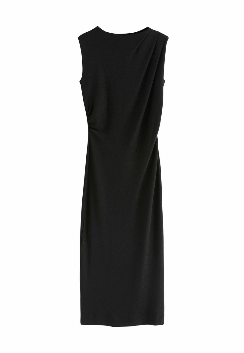 Schwarzes ärmelloses Kleid mit rundem Ausschnitt, Drapierungen an der Schulter und an der Seite, aus glattem, elastischem Stoff; knielanges Design.