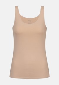 Nude top tankki, jossa on pyöreä kaula-aukko ja leveät hihnat. Valmistettu sileästä, joustavasta kankaasta. Yksinkertainen muotoilu ilman kuvioita tai koristeita.