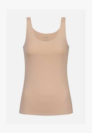 Nago top na ramiączkach z okrągłym dekoltem i szerokimi ramiączkami. Wykonany z gładkiego, elastycznego materiału. Prosty design bez wzorów czy ozdób.