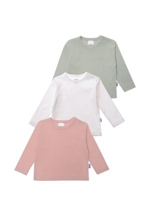 Drei Langarmshirts in Pink, Weiß und Grün. Aus weichem Stoff gefertigt, mit einem runden Ausschnitt und Schulterknöpfen für ein einfaches Ankleiden.
