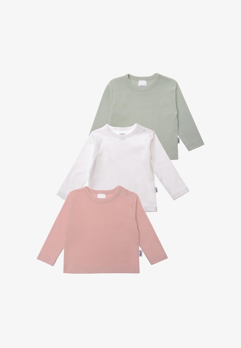 Drei Langarmshirts in Pink, Weiß und Grün. Aus weichem Stoff gefertigt, mit einem runden Ausschnitt und Schulterknöpfen für ein einfaches Ankleiden.