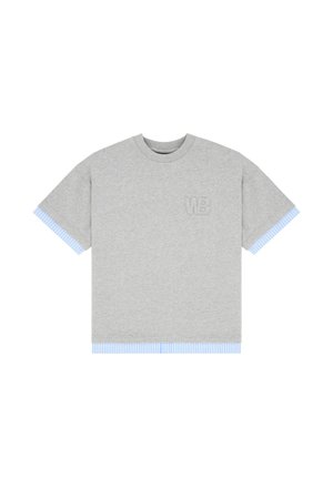 Gray cotton t-shirt with short sleeves and blue striped fabric accent at cuffs and hem. Features a small embossed "WB" logo on the chest.
