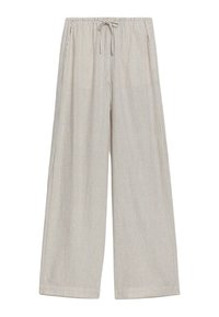 Lichtbeige wijdvallende broek met verticale lichtgrijze strepen, elastische tailleband met vetersluiting en twee zijzakken. Katoenmengsel stof.