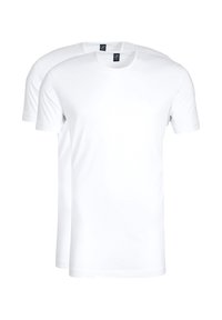 Twee witte T-shirts met korte mouwen van zacht katoen, met een klassiek crewneck ontwerp en zonder zichtbare patronen of accenten.