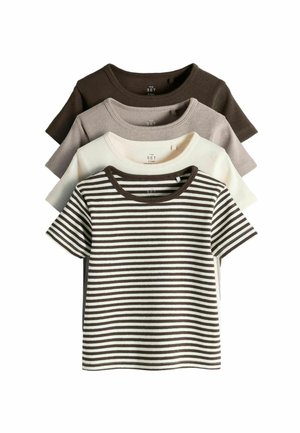 Vier gefaltete kurzärmelige gerippte Baumwoll-T-Shirts in Dunkelbraun, Grau, Offwhite und braun-weißen Streifen, gestapelt von vorne nach hinten.