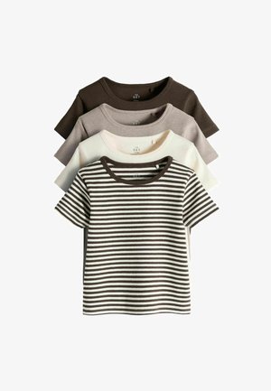 Vier gefaltete kurzärmelige gerippte Baumwoll-T-Shirts in Dunkelbraun, Grau, Offwhite und braun-weißen Streifen, gestapelt von vorne nach hinten.