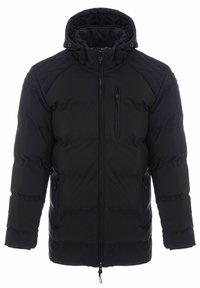 Sort polstret jakke med hætte, quiltet design, lynlåslommer og elastiske manchetter for varme og komfort. Glat, blank overflade.