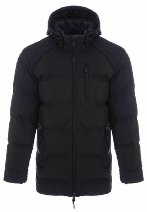 Chaqueta acolchada negra con capucha, diseño acolchado, bolsillos con cremallera y puños elásticos para abrigo y comodidad. Textura suave y brillante.