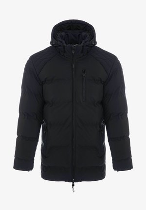 Veste noire rembourrée avec une capuche, design matelassé, poches zippées et poignets en élasthanne pour chaleur et confort. Texture lisse et brillante.