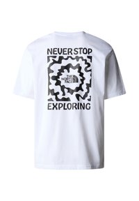 Biała bawełniana koszulka z czarnym wzorem graficznym. Napis "NIGDY NIE PRZESTAWAJ ZWIEDZAĆ" z falistym wzorem oraz logo "THE NORTH FACE."