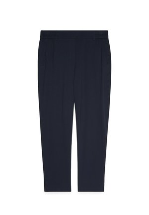 Dunkelblaue, maßgeschneiderte Herrenhose mit Gürtelschlaufen, Seitentaschen und schmalem, geradem Schnitt.