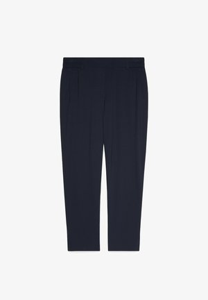 Męskie ciemnogranatowe, szyte na miarę spodnie z szlufkami na pasek, bocznymi kieszeniami i wąskim, prostym krojem.