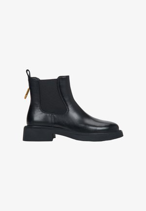 Black leather ankle boot with elastic side panels, chunky rubber sole, and a pull tab at the back for easy wear. Smooth texture.