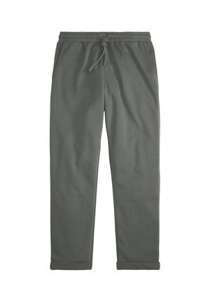Dunkelgraue Freizeithose mit elastischem Bund und Kordelzug, Vordertaschen und leicht aufgekrempelten Bündchen.