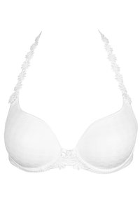 Soutien-gorge blanc avec une tasse rembourrée, texture à carreaux, accents en dentelle sur les bretelles et détail de nœud décoratif au centre du bandouillère.