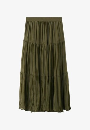 Langer olivgrüner gestufter Rock mit gerafftem Stoff und einem breiten elastischen Bund.